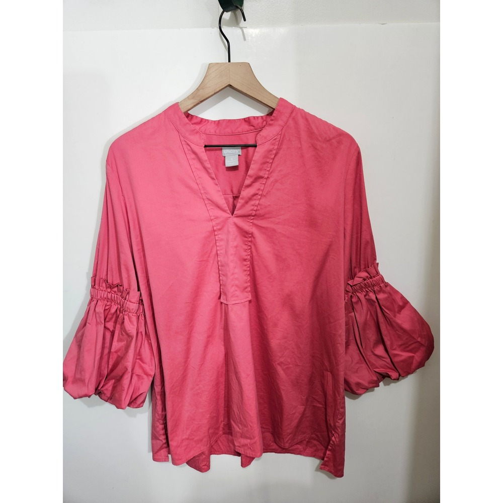 Chico's Pink Split Neck Puff Sleeve Poplin Blouse Size 3 US 16